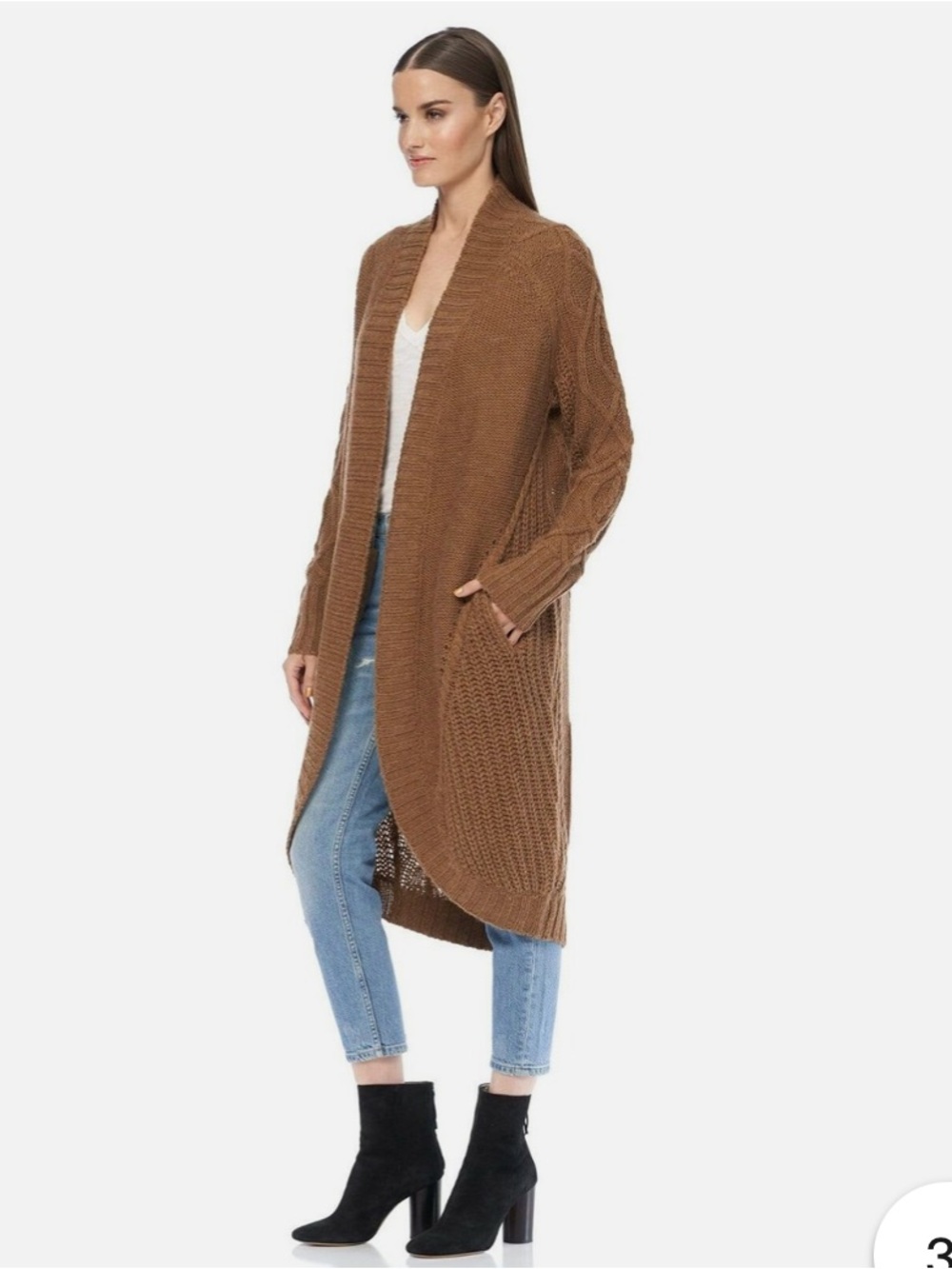 360 Sweater Chloe Long Open-Front Cardigan - Brandy Brown Wool/Alpaca Blend S